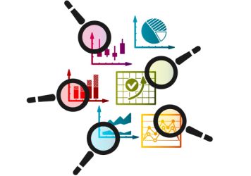 Geometric financial graphic with data charts, bar graphs, and magnifying glass icons representing financial analysis.