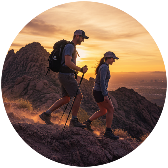 A happy couple hiking a scenic mountain trail near Scottsdale, Arizona, enjoying breathtaking desert views and sunny outdoor adventure.