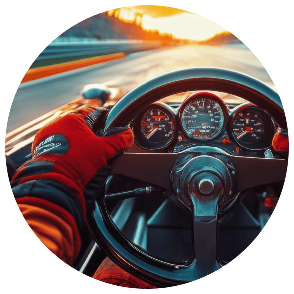 A view from the perspective of a race car driver holding the steering wheel while driving at extreme speed on a track and passing the grandstands.