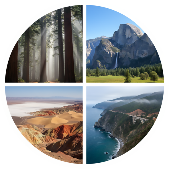 California’s breathtaking natural wonders — Yosemite’s towering cliffs, Big Sur’s dramatic coastline, Death Valley’s surreal desert, ancient redwood forests, and Lake Tahoe’s pristine alpine beauty.